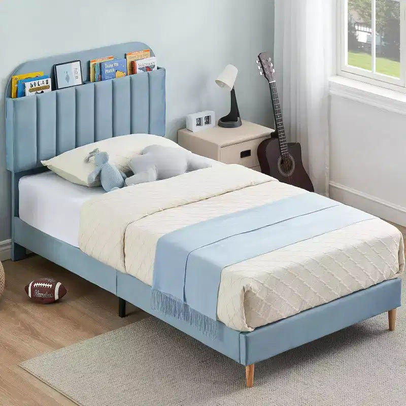 Struttura Letto con Testiera a Libreria, Letto Imbottito con Piattaforma Silenziosa, Facile da Montare, Nessuna Rete a Molle Necessaria