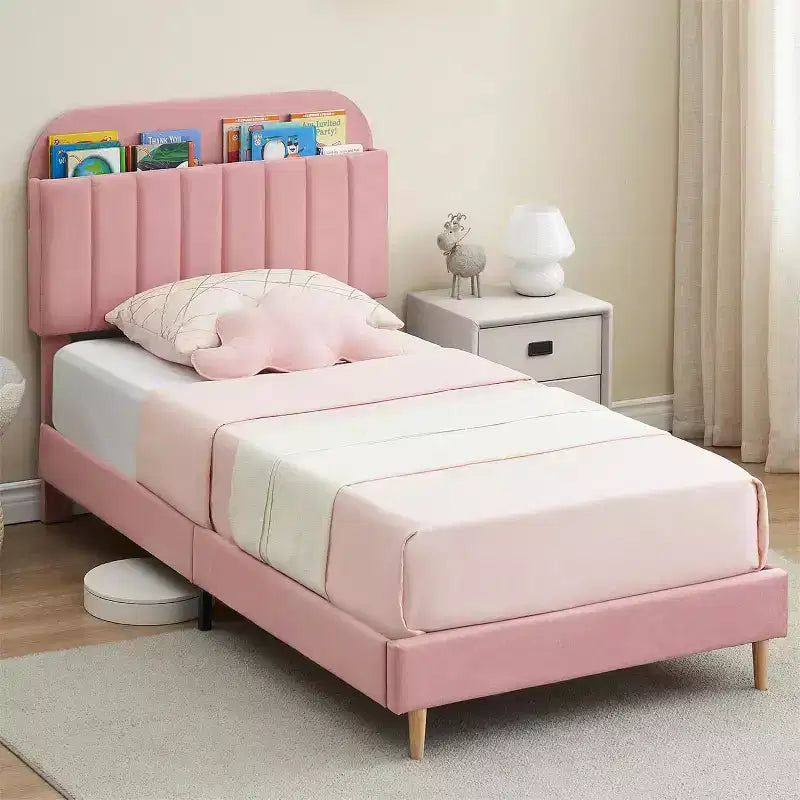 Struttura Letto con Testiera a Libreria, Letto Imbottito con Piattaforma Silenziosa, Facile da Montare, Nessuna Rete a Molle Necessaria