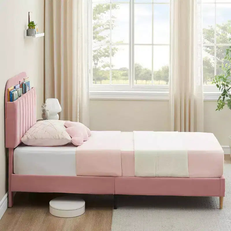 Struttura Letto con Testiera a Libreria, Letto Imbottito con Piattaforma Silenziosa, Facile da Montare, Nessuna Rete a Molle Necessaria