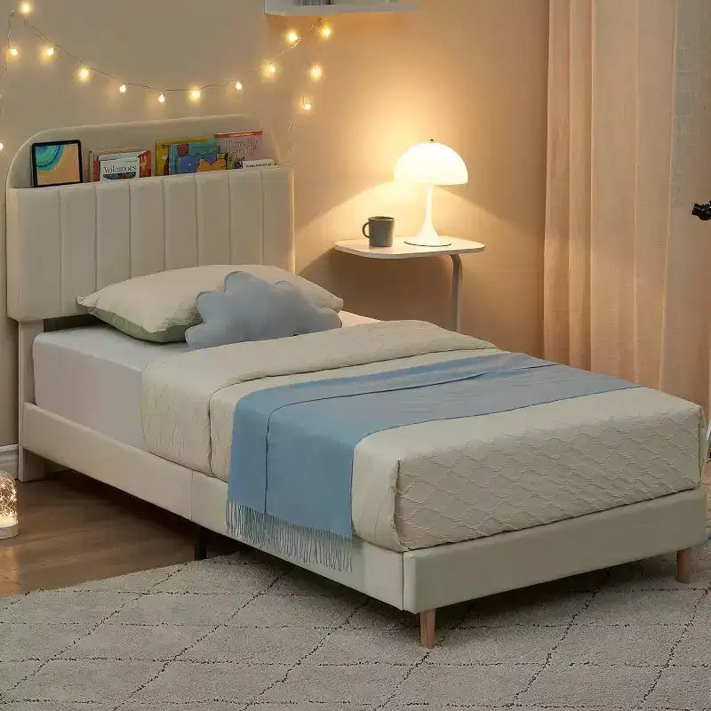 Struttura Letto con Testiera a Libreria, Letto Imbottito con Piattaforma Silenziosa, Facile da Montare, Nessuna Rete a Molle Necessaria