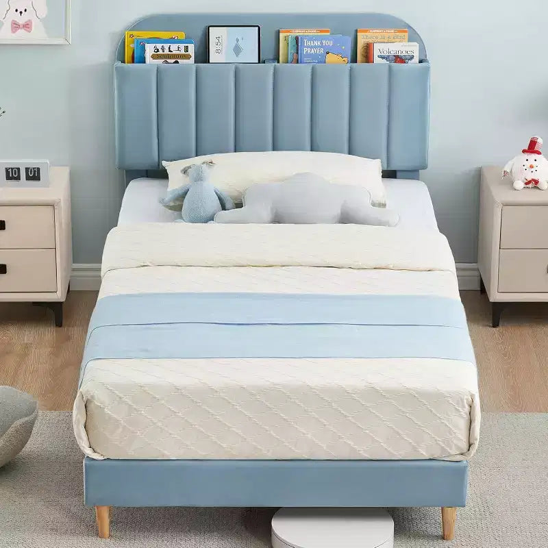 Struttura Letto con Testiera a Libreria, Letto Imbottito con Piattaforma Silenziosa, Facile da Montare, Nessuna Rete a Molle Necessaria