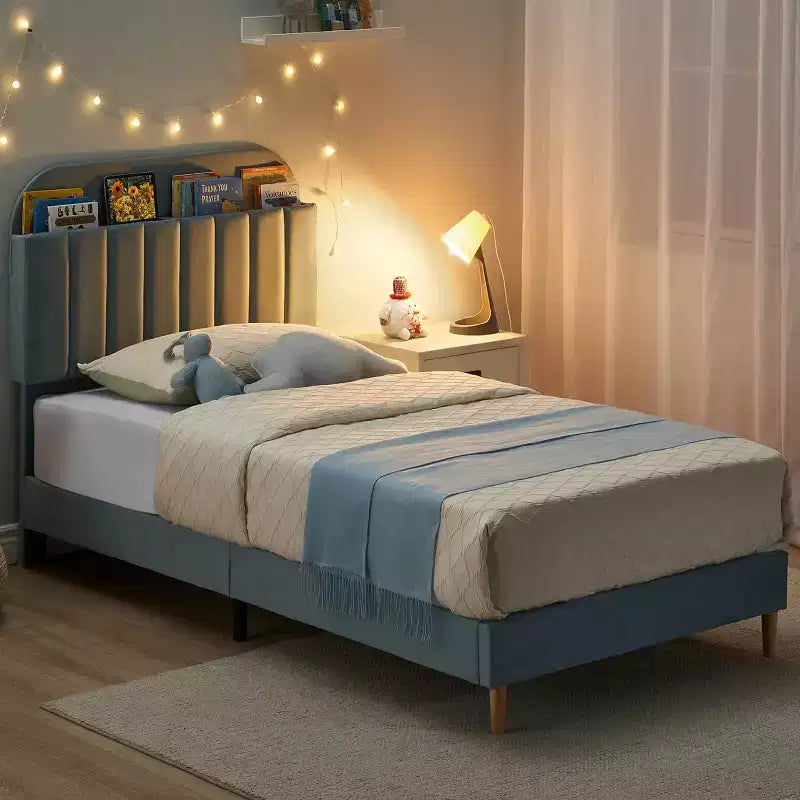 Struttura Letto con Testiera a Libreria, Letto Imbottito con Piattaforma Silenziosa, Facile da Montare, Nessuna Rete a Molle Necessaria