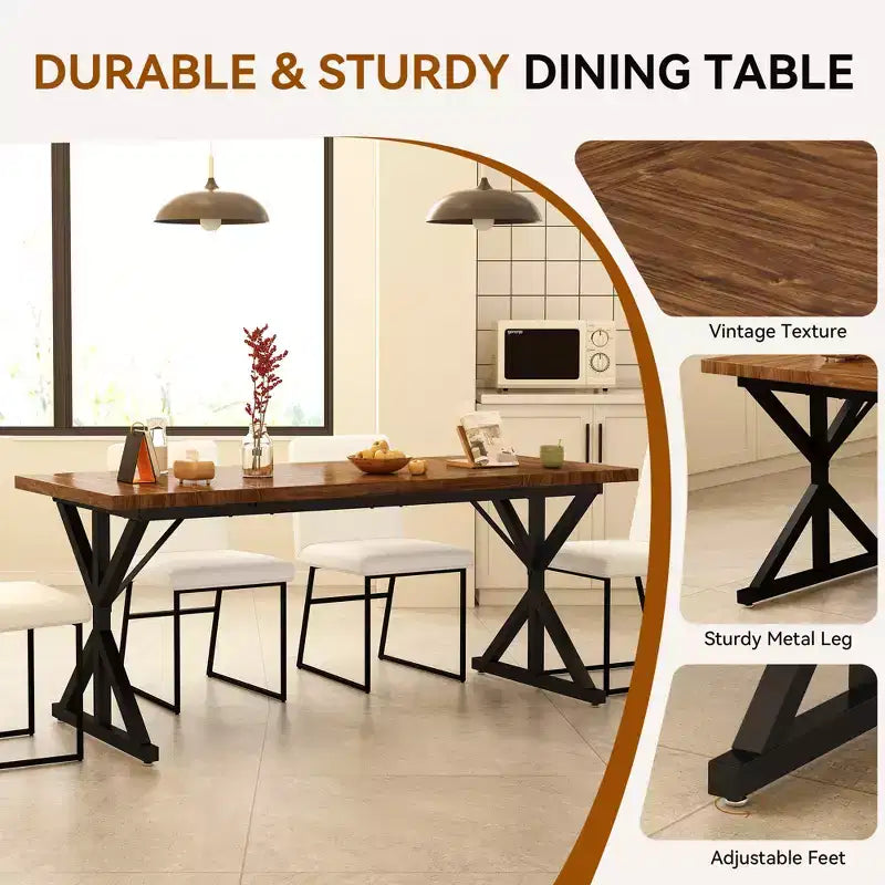 Tavolo da pranzo Vipbear Farmhouse per 6 persone, tavolo da pranzo rettangolare in legno da 70,8 pollici, tavolo da cucina rustico con gambe in metallo resistente per sala da pranzo