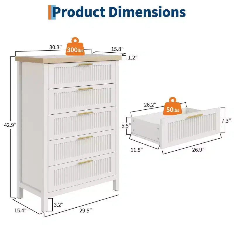 Comò a 5 cassetti per camera da letto, cassettiera alta 114 cm in legno con maniglie in metallo, comodino stretto, organizer scanalato per vestiti