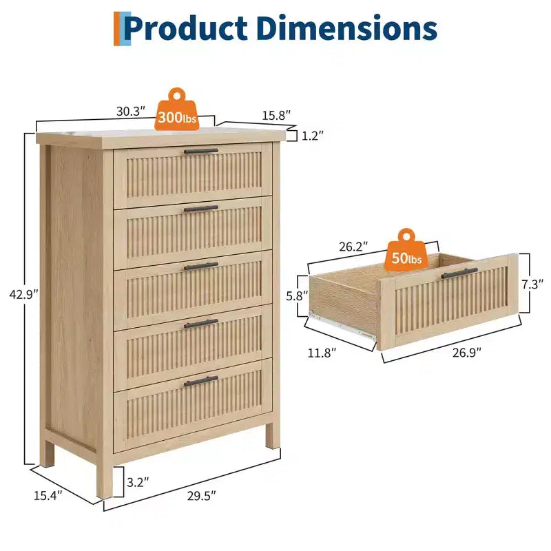 Comò a 5 cassetti per camera da letto, cassettiera alta 114 cm in legno con maniglie in metallo, comodino stretto, organizer scanalato per vestiti