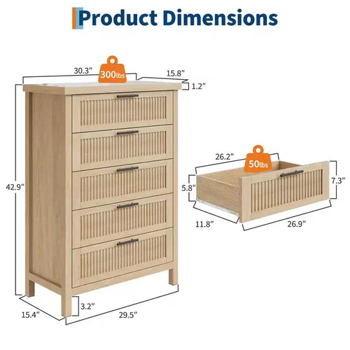Comò a 5 cassetti per camera da letto, cassettiera alta 114 cm in legno con maniglie in metallo, comodino stretto, organizer scanalato per vestiti
