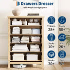 Comò a 5 cassetti per camera da letto, cassettiera alta 114 cm in legno con maniglie in metallo, comodino stretto, organizer scanalato per vestiti