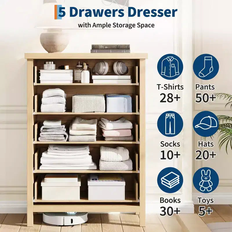 Comò a 5 cassetti per camera da letto, cassettiera alta 114 cm in legno con maniglie in metallo, comodino stretto, organizer scanalato per vestiti