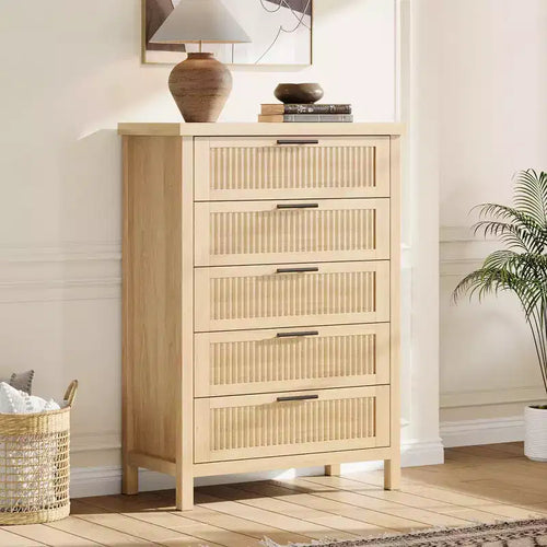 5 Drawer Dresser for Bedroom, 45'' Tall Wooden Chest of Drawers with Metal Handles, Dresser Narrow Nightstand, Fluted Clothes Storage Organizer
