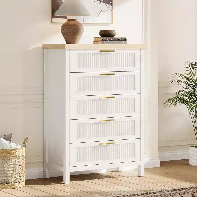 Comò a 5 cassetti per camera da letto, cassettiera alta 114 cm in legno con maniglie in metallo, comodino stretto, organizer scanalato per vestiti