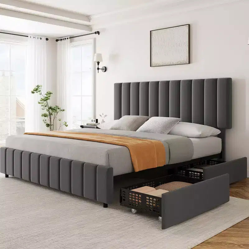 Bed Frame, Platform Bed - Full Size with 4 Storage Drawers, Adjustable Height Headboard, Linen Upholstered, No Box Spring Needed (Grey)