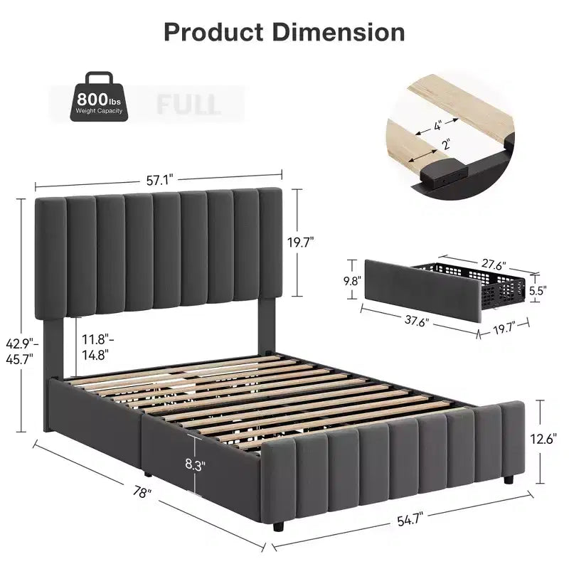 Struttura letto, Letto a piattaforma - Misura Full con 4 cassetti contenitore, Testiera regolabile in altezza, Rivestimento in lino, Nessuna necessità di rete a molle (Grigio)