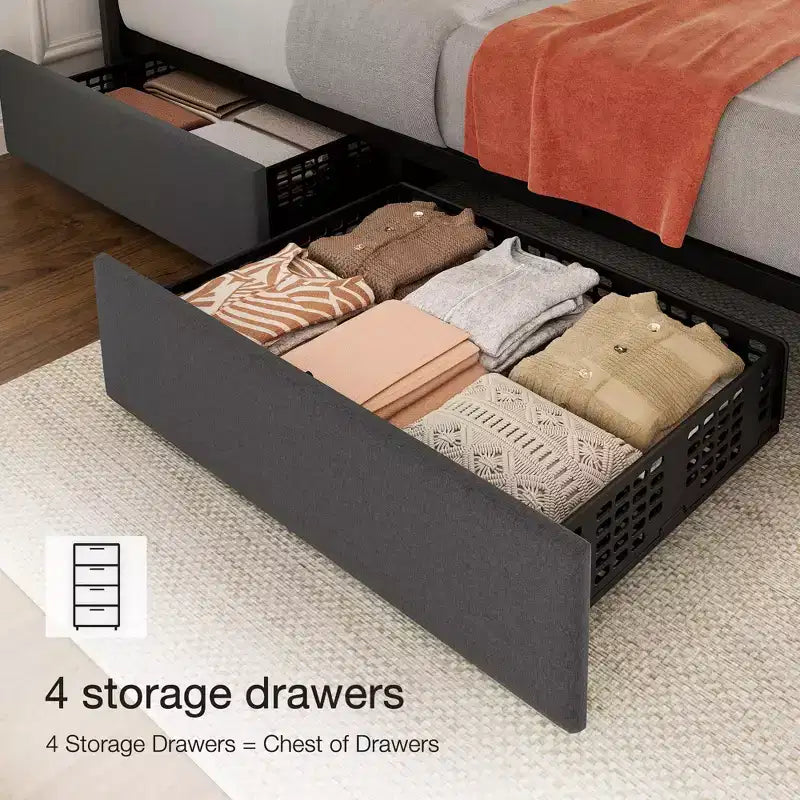 Struttura letto, Letto a piattaforma - Misura Full con 4 cassetti contenitore, Testiera regolabile in altezza, Rivestimento in lino, Nessuna necessità di rete a molle (Grigio)