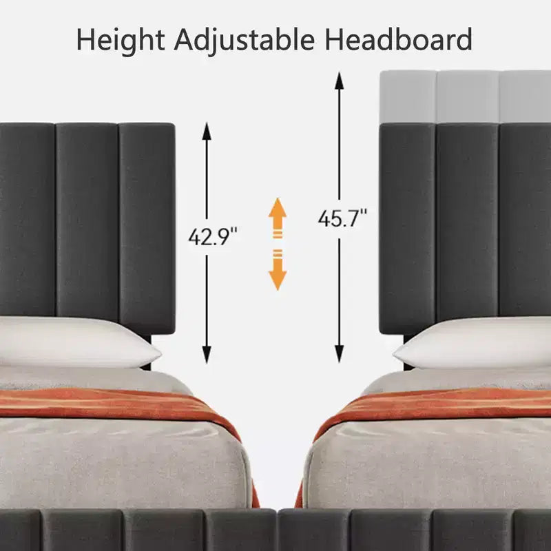 Struttura letto, Letto a piattaforma - Misura Full con 4 cassetti contenitore, Testiera regolabile in altezza, Rivestimento in lino, Nessuna necessità di rete a molle (Grigio)