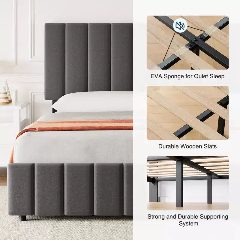 Struttura letto, Letto a piattaforma - Misura Full con 4 cassetti contenitore, Testiera regolabile in altezza, Rivestimento in lino, Nessuna necessità di rete a molle (Grigio)