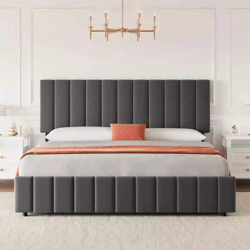 Struttura letto, Letto a piattaforma - Misura Full con 4 cassetti contenitore, Testiera regolabile in altezza, Rivestimento in lino, Nessuna necessità di rete a molle (Grigio)