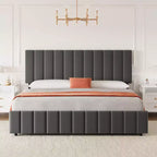 Struttura letto, Letto a piattaforma - Misura Full con 4 cassetti contenitore, Testiera regolabile in altezza, Rivestimento in lino, Nessuna necessità di rete a molle (Grigio)