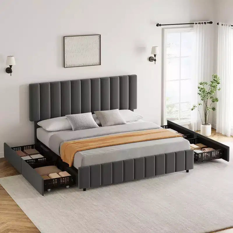 Struttura letto, Letto a piattaforma - Misura Full con 4 cassetti contenitore, Testiera regolabile in altezza, Rivestimento in lino, Nessuna necessità di rete a molle (Grigio)
