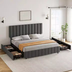Struttura letto, Letto a piattaforma - Misura Full con 4 cassetti contenitore, Testiera regolabile in altezza, Rivestimento in lino, Nessuna necessità di rete a molle (Grigio)