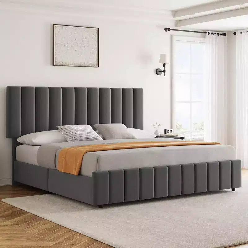 Struttura letto, Letto a piattaforma - Misura Full con 4 cassetti contenitore, Testiera regolabile in altezza, Rivestimento in lino, Nessuna necessità di rete a molle (Grigio)