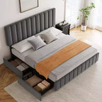 Struttura letto, Letto a piattaforma - Misura Full con 4 cassetti contenitore, Testiera regolabile in altezza, Rivestimento in lino, Nessuna necessità di rete a molle (Grigio)