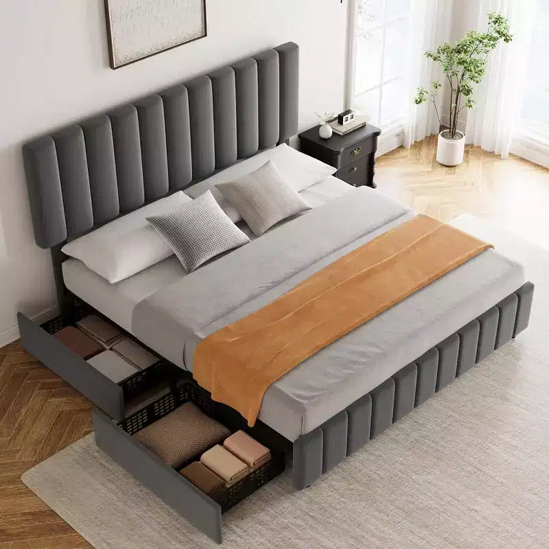 Struttura letto, Letto a piattaforma - Misura Full con 4 cassetti contenitore, Testiera regolabile in altezza, Rivestimento in lino, Nessuna necessità di rete a molle (Grigio)