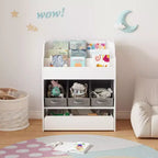 Libreria per bambini con contenitori e cassetto, mobile in legno multiuso per l'organizzazione di libri per bambini, libreria bianca per giocattoli, libri e cameretta