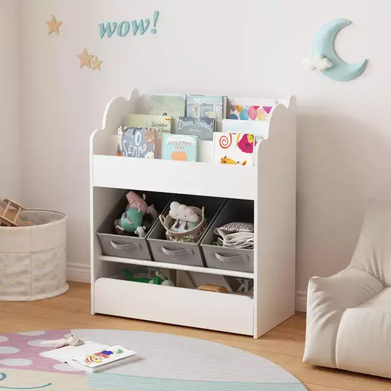 Libreria per bambini con contenitori e cassetto, mobile in legno multiuso per l'organizzazione di libri per bambini, libreria bianca per giocattoli, libri e cameretta