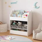 Libreria per bambini con contenitori e cassetto, mobile in legno multiuso per l'organizzazione di libri per bambini, libreria bianca per giocattoli, libri e cameretta