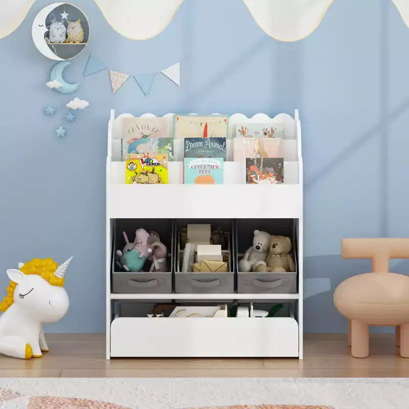 Libreria per bambini con contenitori e cassetto, mobile in legno multiuso per l'organizzazione di libri per bambini, libreria bianca per giocattoli, libri e cameretta