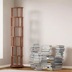 Libreria Girevole Okak 360 con Ruote, Libreria Stretta a 6 Livelli in Legno Massello, Vetrinetta per Soggiorno, Ufficio, Camera da Letto, Noce