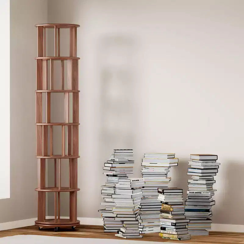 Libreria Girevole Okak 360 con Ruote, Libreria Stretta a 6 Livelli in Legno Massello, Vetrinetta per Soggiorno, Ufficio, Camera da Letto, Noce