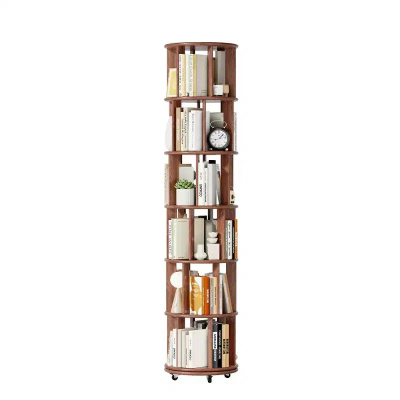 Libreria Girevole Okak 360 con Ruote, Libreria Stretta a 6 Livelli in Legno Massello, Vetrinetta per Soggiorno, Ufficio, Camera da Letto, Noce