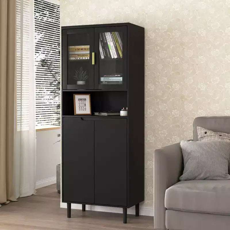Okak Tall Bookshelf with Adjustable Board, Freestanding Storage Shelves with 4 Tempered Glass Doors, Display Case for Living Room, Office, Black