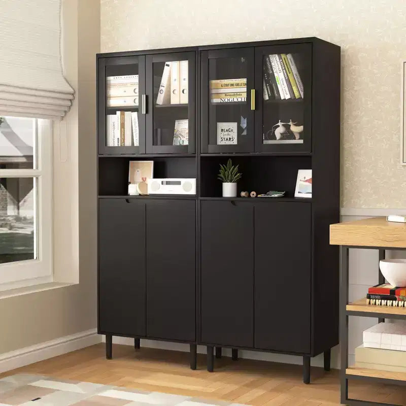 Libreria Alta Okak con Ripiani Regolabili, Scaffale Autoportante con 4 Ante in Vetro Temperato, Vetrinetta per Soggiorno, Ufficio, Nero