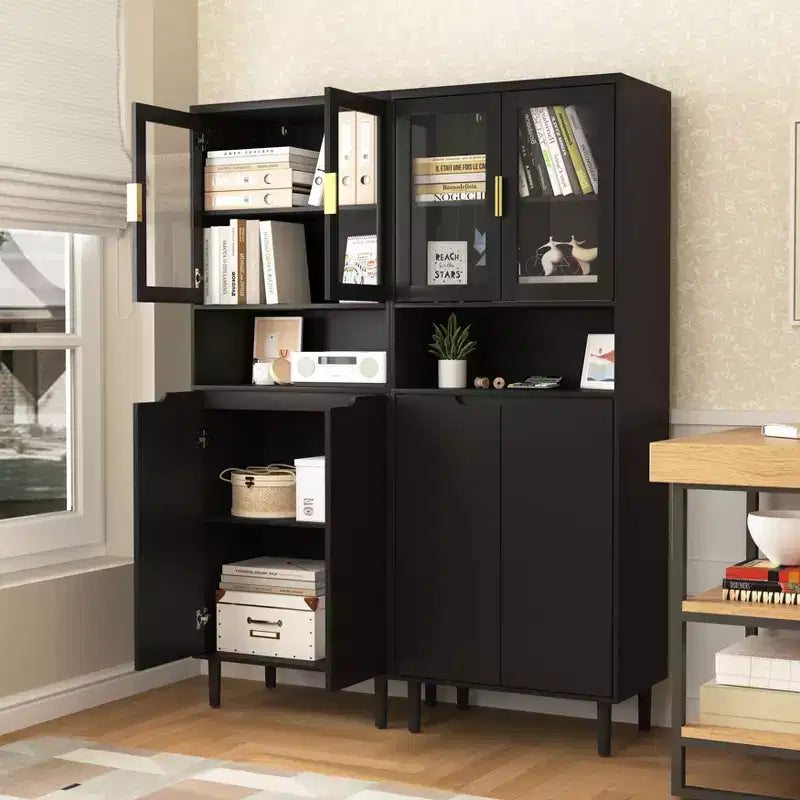 Libreria Alta Okak con Ripiani Regolabili, Scaffale Autoportante con 4 Ante in Vetro Temperato, Vetrinetta per Soggiorno, Ufficio, Nero