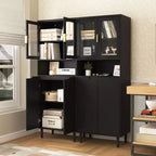 Libreria Alta Okak con Ripiani Regolabili, Scaffale Autoportante con 4 Ante in Vetro Temperato, Vetrinetta per Soggiorno, Ufficio, Nero