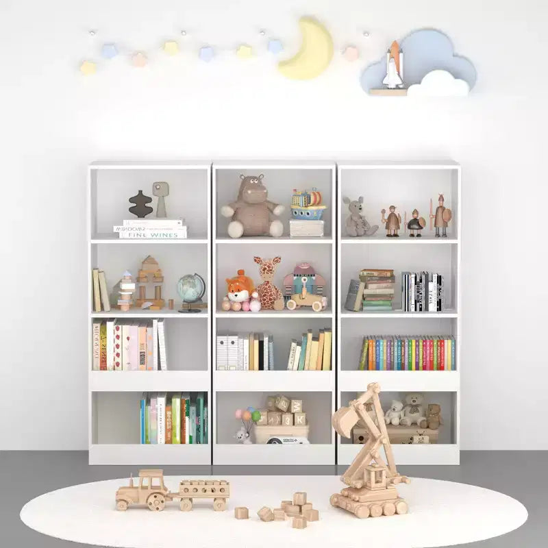 Okak Libreria per bambini in stile minimalista, ripiani portaoggetti a 4 livelli, contenitore per giocattoli per la camera dei bambini, il soggiorno, la sala giochi, colore bianco