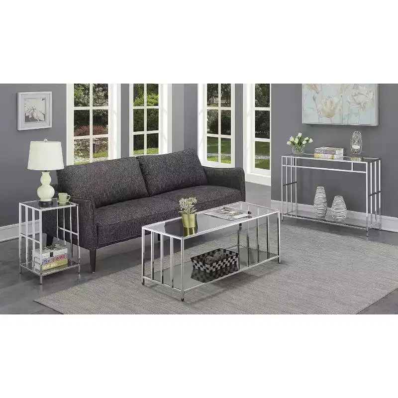HomeStock Tavolino da Salotto Rettangolare in Vetro Colore Argento Altezza 24 pollici 1 pezzo