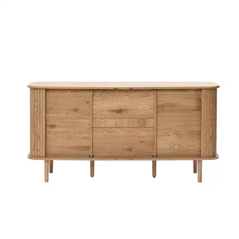 Mobile credenza LuxenHome in MDF con finitura rovere, 3 cassetti, ante scorrevoli e angoli arrotondati