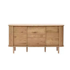 Mobile credenza LuxenHome in MDF con finitura rovere, 3 cassetti, ante scorrevoli e angoli arrotondati