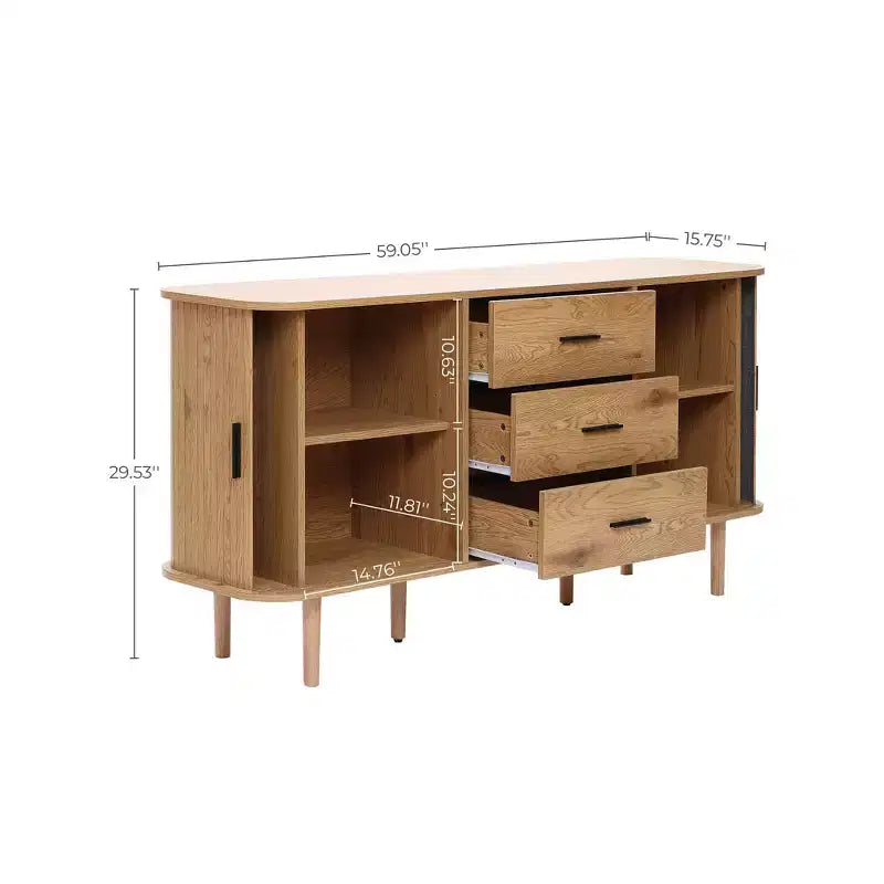 Mobile credenza LuxenHome in MDF con finitura rovere, 3 cassetti, ante scorrevoli e angoli arrotondati