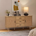 Mobile credenza LuxenHome in MDF con finitura rovere, 3 cassetti, ante scorrevoli e angoli arrotondati