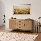 Mobile credenza LuxenHome in MDF con finitura rovere, 3 cassetti, ante scorrevoli e angoli arrotondati