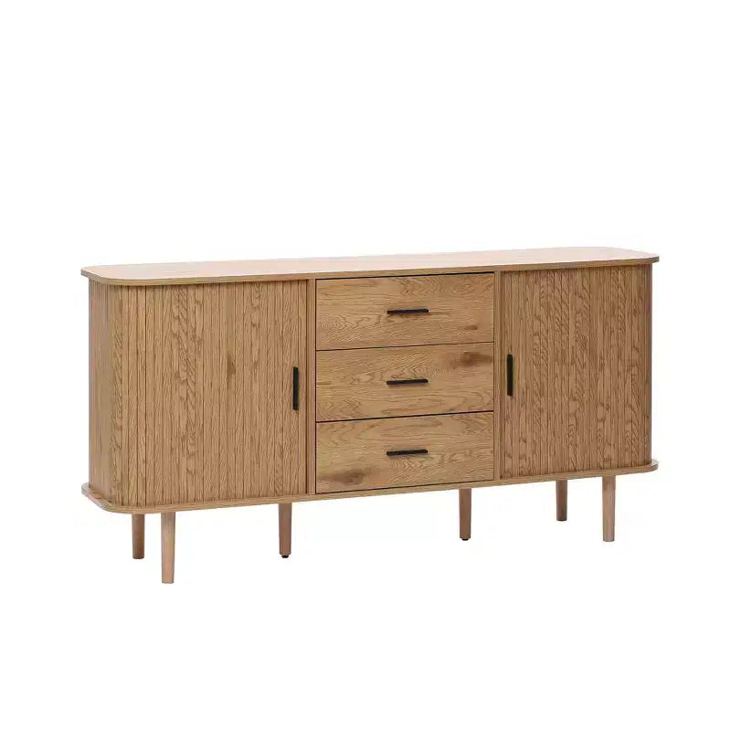 Mobile credenza LuxenHome in MDF con finitura rovere, 3 cassetti, ante scorrevoli e angoli arrotondati