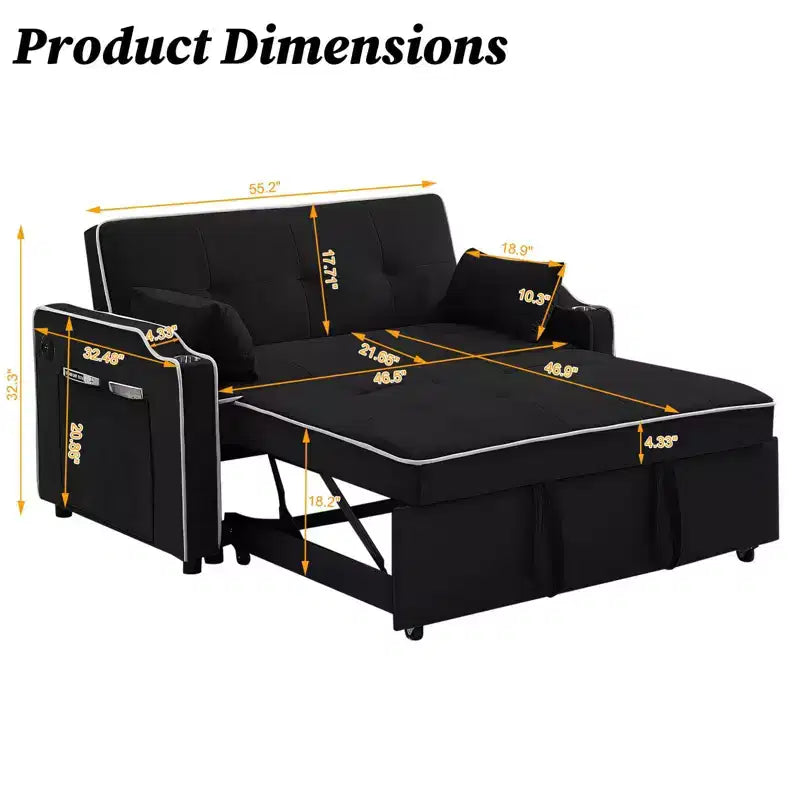 Divano letto GustoWave con porta, divano letto matrimoniale in velluto convertibile 3-in-1 moderno, con schienale regolabile, nero