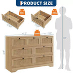 Comodino in Rattan a 7 Cassetti per Camera da Letto, Cassettiere Moderne da Fattoria, Organizzatore per Armadio, Salotto, Ingresso in Legno