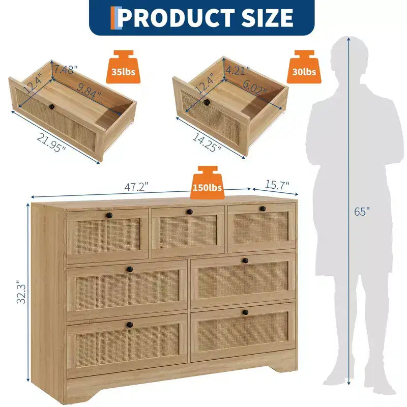 Comodino in Rattan a 7 Cassetti per Camera da Letto, Cassettiere Moderne da Fattoria, Organizzatore per Armadio, Salotto, Ingresso in Legno