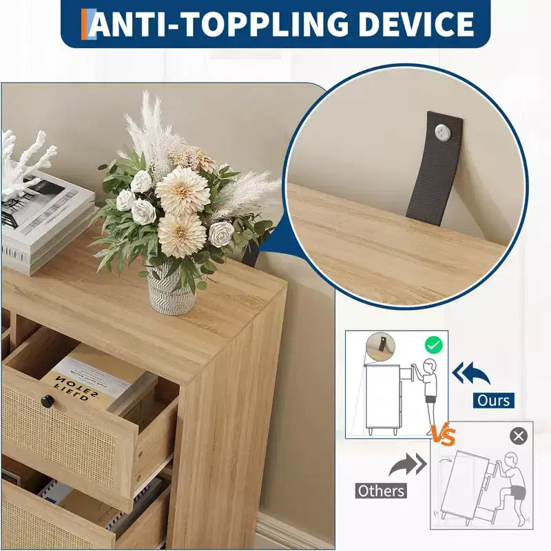 Comodino in Rattan a 7 Cassetti per Camera da Letto, Cassettiere Moderne da Fattoria, Organizzatore per Armadio, Salotto, Ingresso in Legno