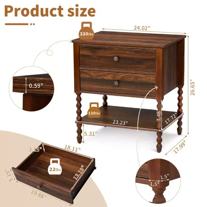 Karl Home comodini a 2 cassetti in truciolato marrone, 61 cm larg.